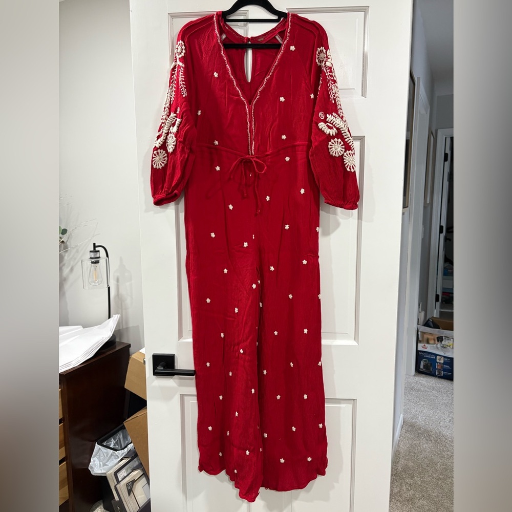 Free People Embroidered Boho Jumpsuit Romper Red Long Sleeve Wide Leg Floral Sm